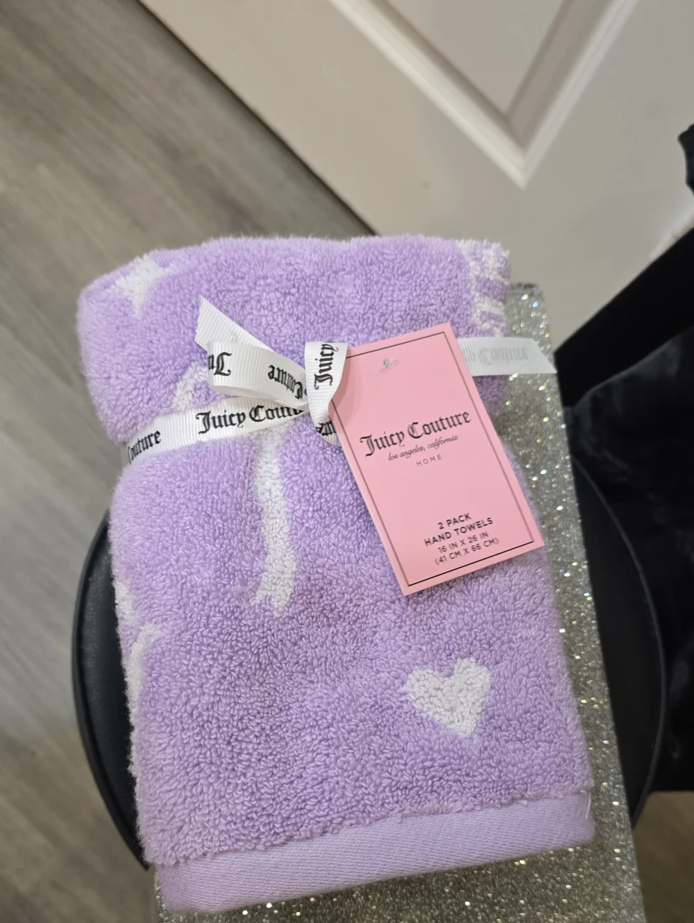 Juicy Couture Home Logo Bows, Crown, & Hearts Set Of 2 Hand Towels- Lavender
